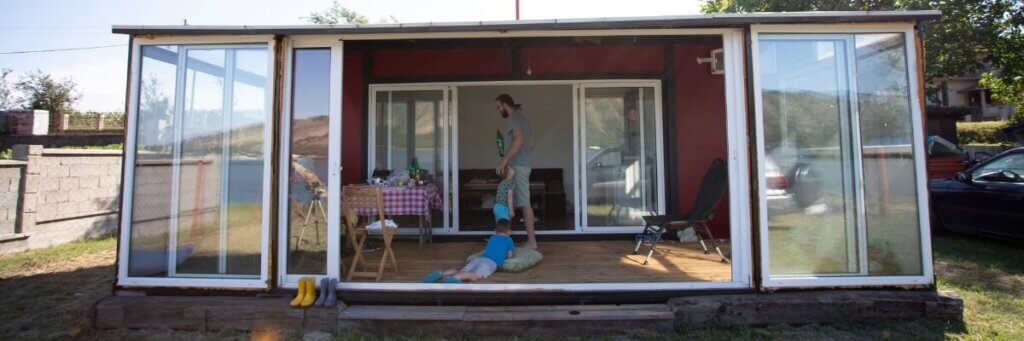 container home with dad in it and kids