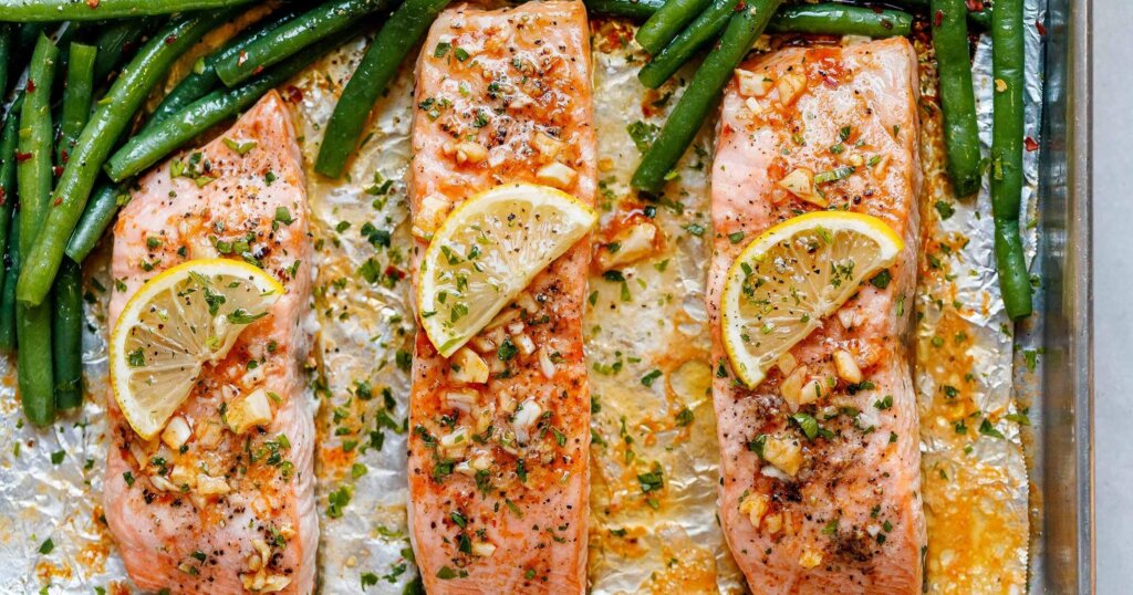 Garlic butter baked salmon with green beans