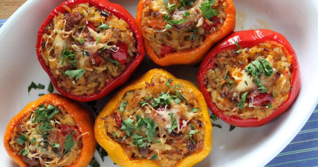 Stuffed bell peppers with ground turkey and rice