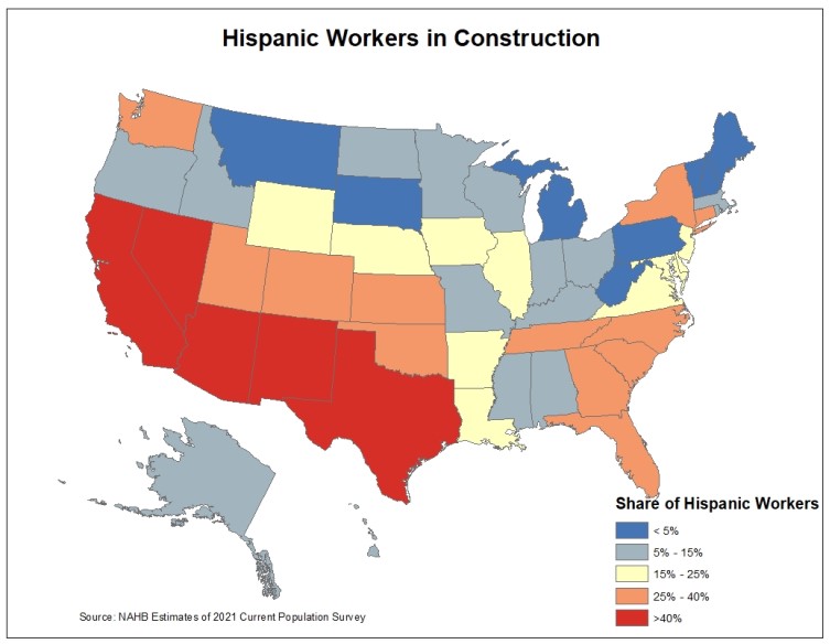 map showing percentage of hispanic workers in each state