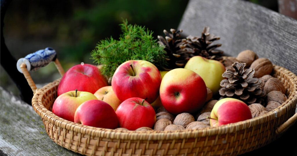 Apples in a bowl on a table