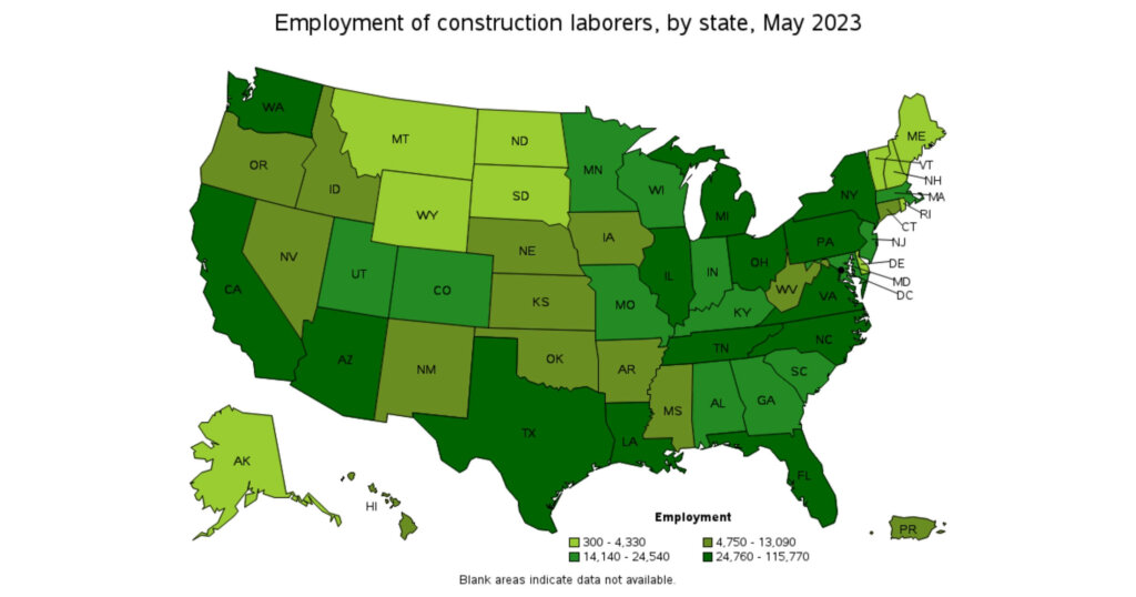 Map of the United States showing construction wages in different states.