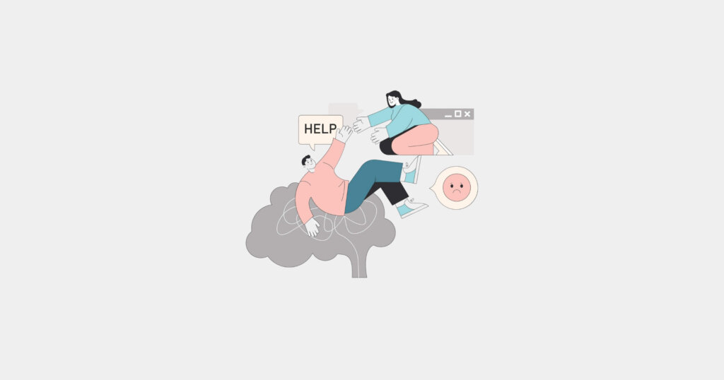 Mental Health Support concept. Professional extends a helping hand to a colleague in distress, symbolizing employee assistance programs. Vector illustration.