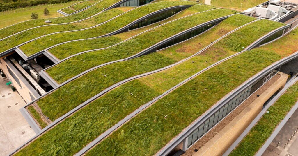 Aerial view of the extensive wildflower green roof or living roof on the net zero rooftop of a green building owned by a responsible business