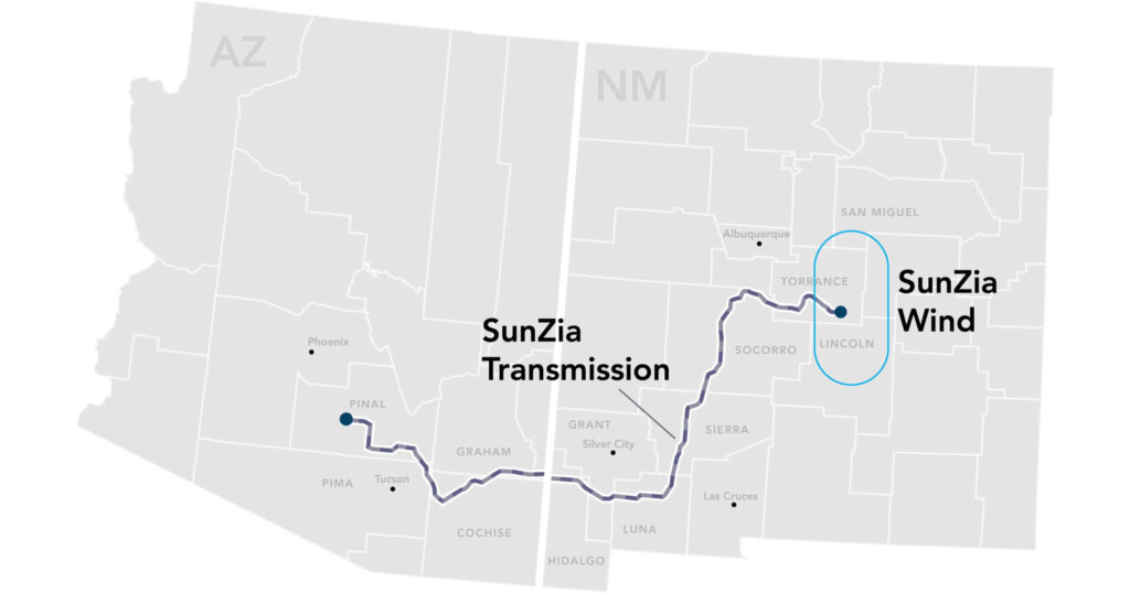 SunZia Wind and Transmission map showing where energy will go from the wind farm