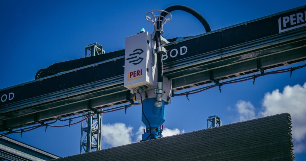 Bezannes, France, May 5, 2025 A 12 unit apartment building is under construction in Bezannes, in the Marne department. It is being built in part using an on site 3D concrete printer, a first in France.