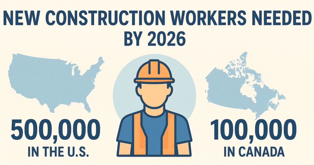 Graphic showing 500,000 construction workers needed in US and 100,000 in Canada by 2026 to meet demand.