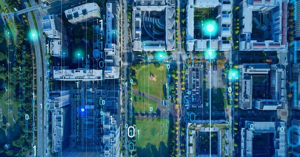 Modern city aerial view and digital transformation concept. Smart city.
