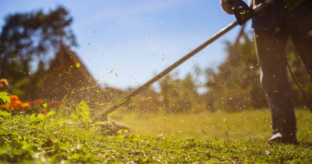 Man mowing tall grass with electric or petrol lawn trimmer in backyard. Gardening care tools and equipment. Process of lawn trimming with hand mower.