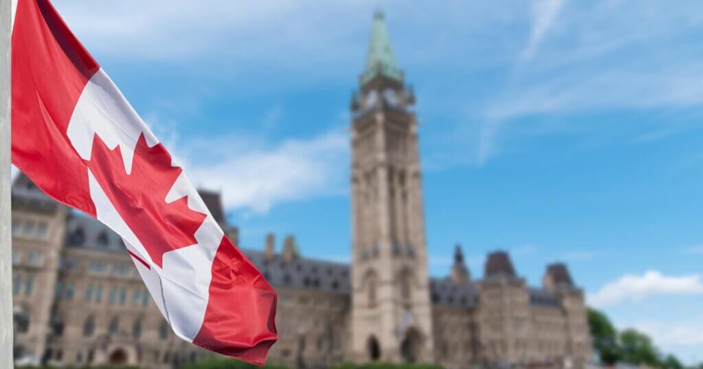 Canadian flags on Windsor Ontario water side park