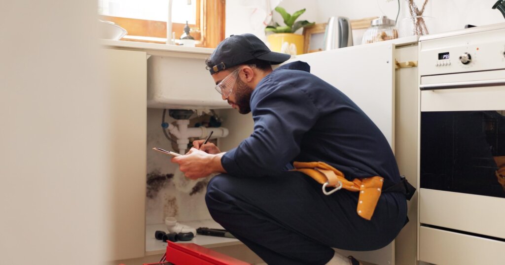Plumbing, house and handyman with clipboard, maintenance or service with contractor. Employee, expert or repair with checklist, inspection or quality control with industry, home renovation or writing.