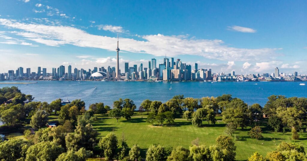 Toronto skyline and Lake Ontario aerial view, Toronto, Ontario, Canada.