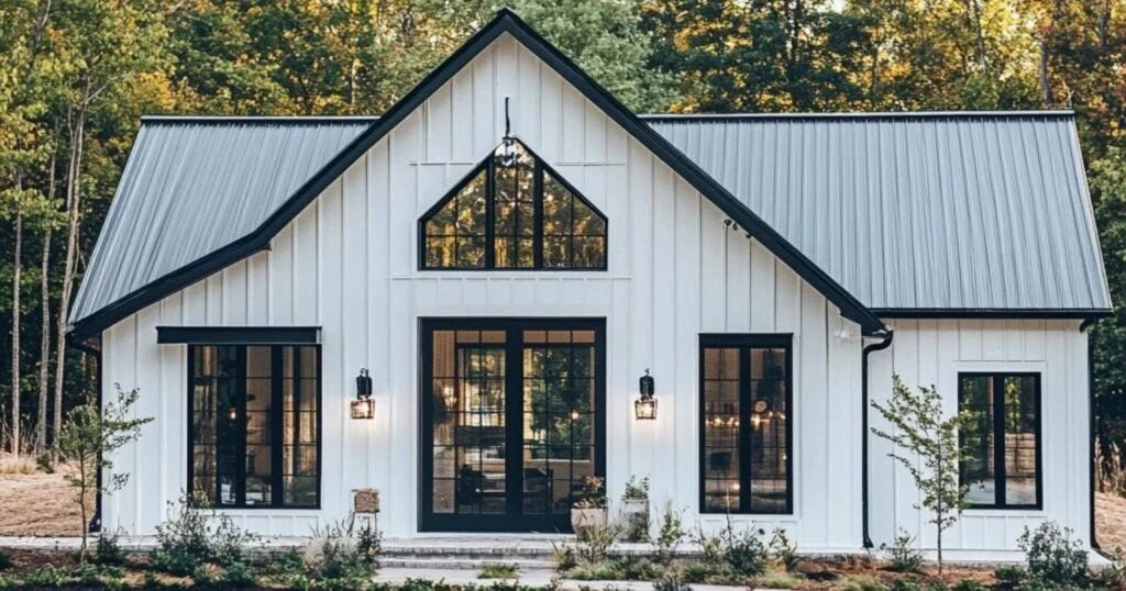 modern white farmhouse  barndominium in the woods.