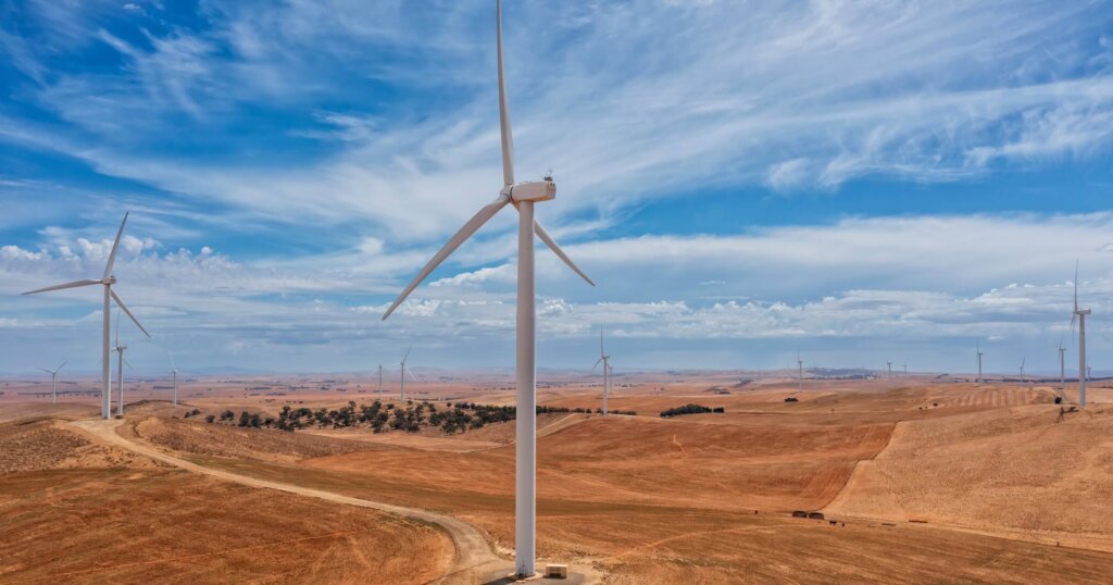 Giant windmill turbine towers of North Brown Hill WInd farm in South Australia.