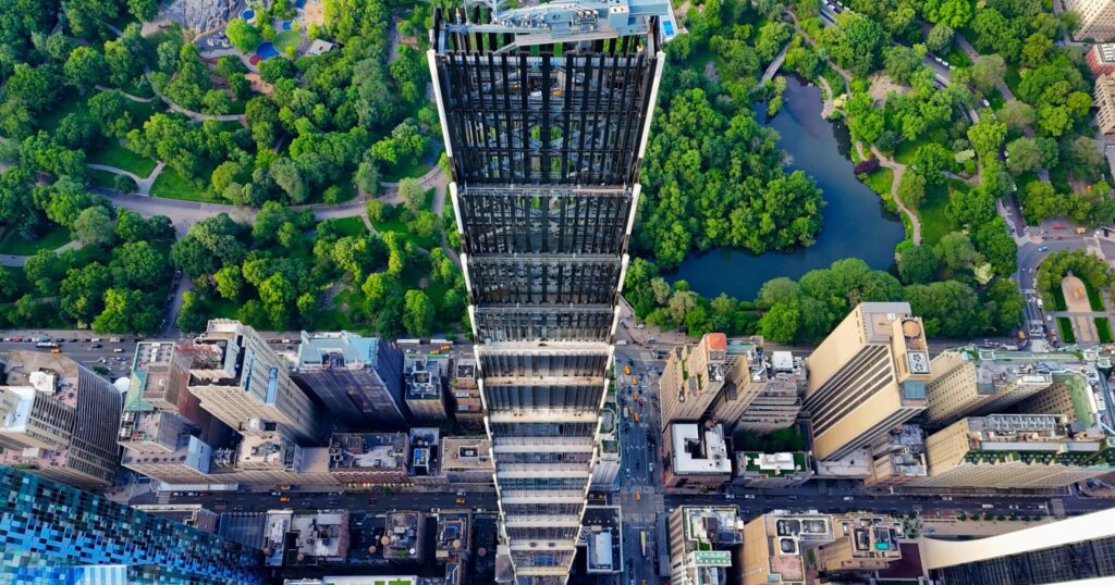 Overhead aerial view of 111 West 57th Street, the world's skinniest residential skyscraper, next to Central Park in Midtown Manhattan 