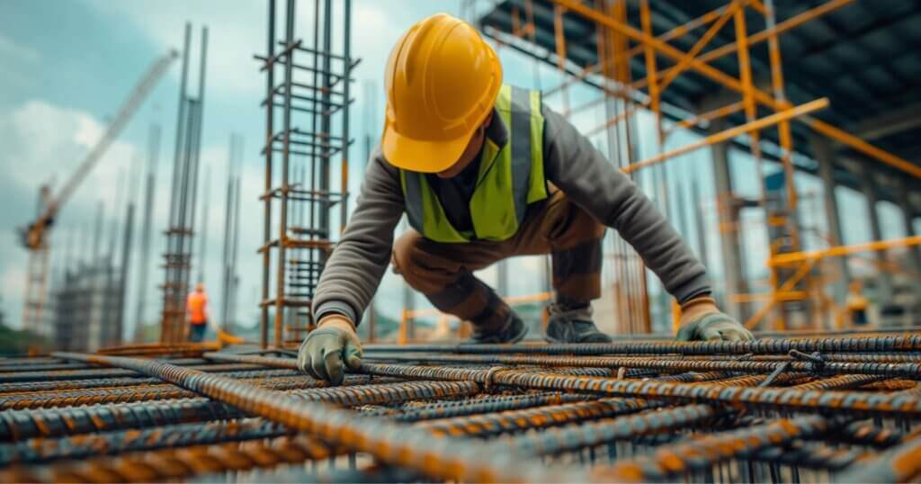 A construction worker wearing a yellow hard hat and safety vest is working on a building site, handling steel rebar. The background shows scaffolding and other construction activities.