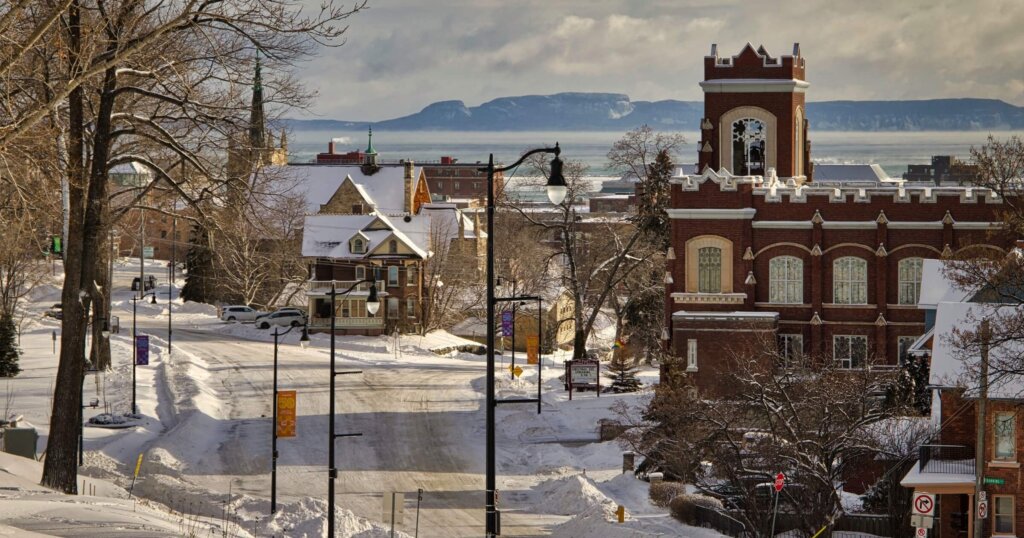 THUNDER BAY, CA - Dec 01, 2021: The snowy street in Thunder Bay, Ontario.