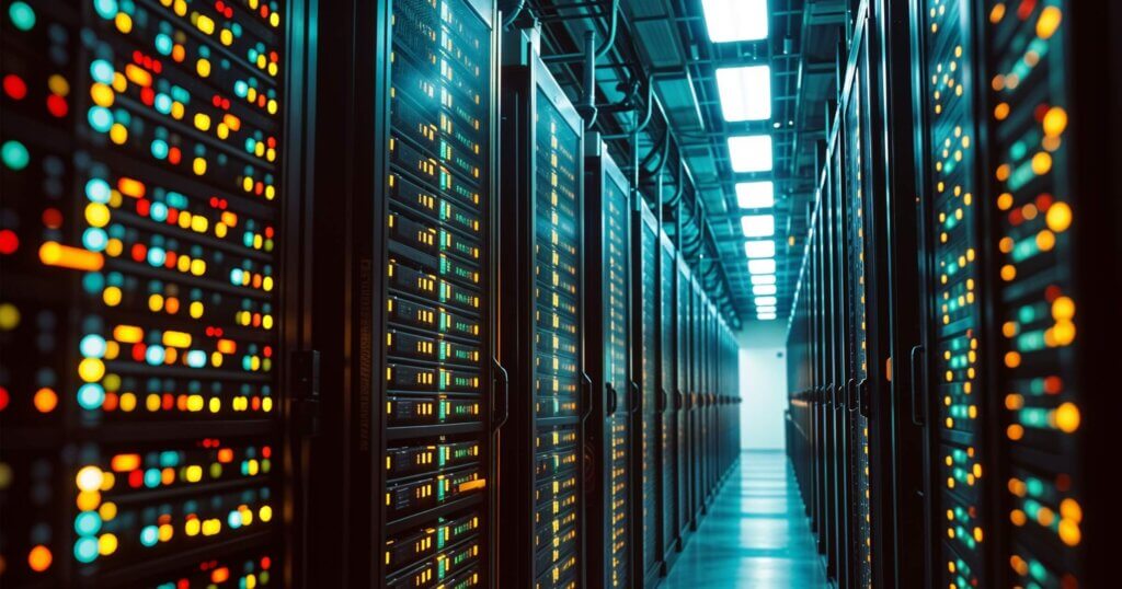 Data centers filled with rows and rows of servers as blinking light indicate constant processing, high detail, cinematic angle composition