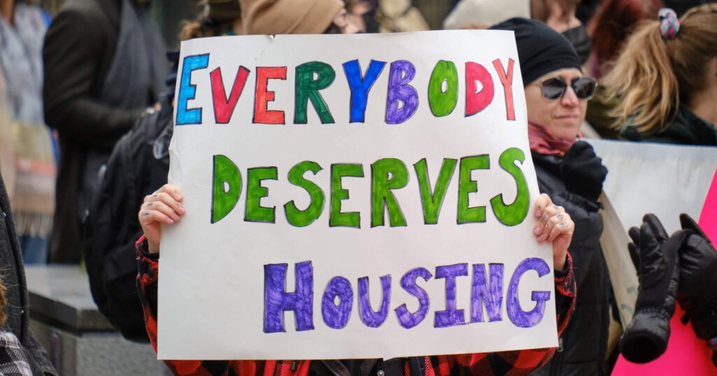 Halifax,, Canada. April 2023. "Everybody deserves Housing" sign at protest to demand actions to help in the ongoing housing crisis