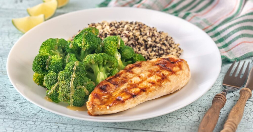 Grilled chicken with steamed broccoli and quinoa.