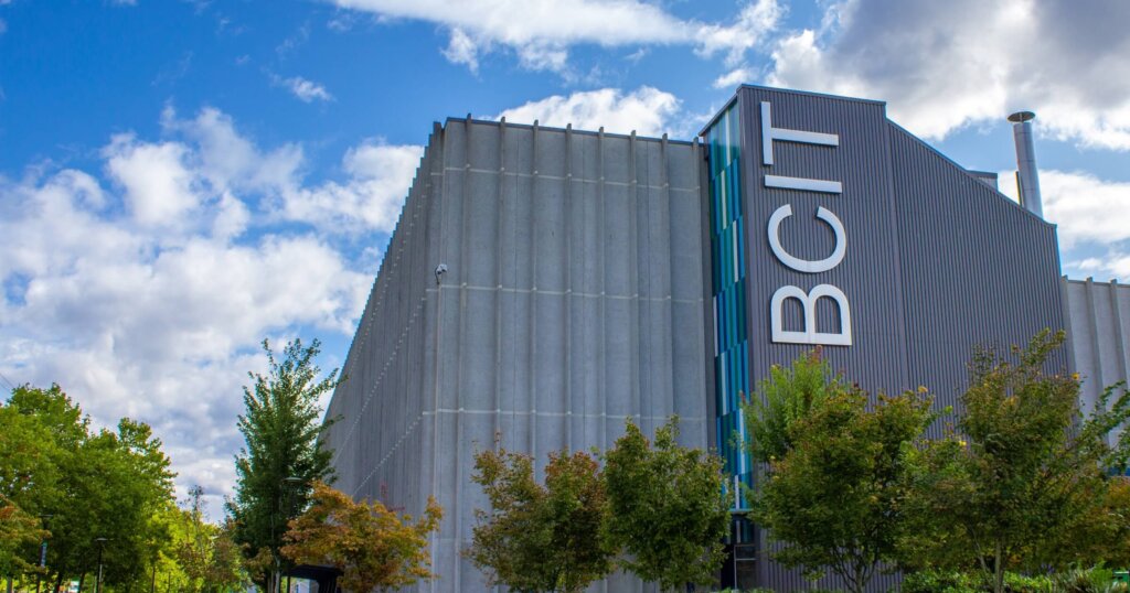 September 29, 2019 - Burnaby, B.C. Canada - BCIT (British Columbia Institute of Technology) sign on a building at the main campus in Burnaby.