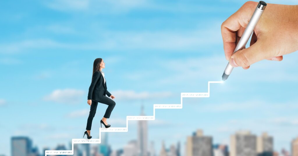 women ascending a staircase that is drawn. Career progression.