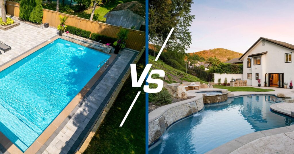 Modern luxury home with a spacious backyard, pool, and patio seating under a clear sky compared to a regular home pool that is straight and simple.