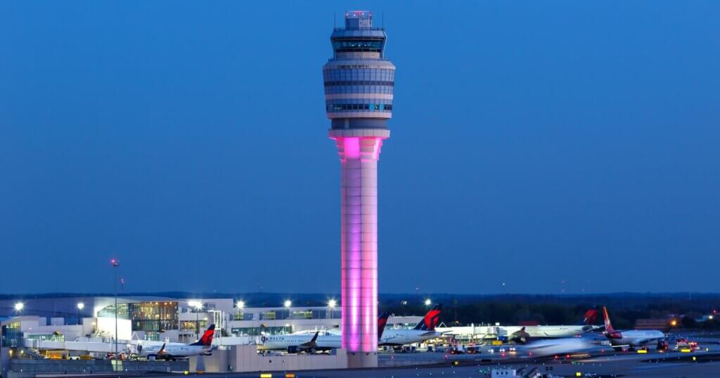 Atlanta, Georgia – April 2, 2019: Tower at Atlanta Airport (ATL) in the United States.