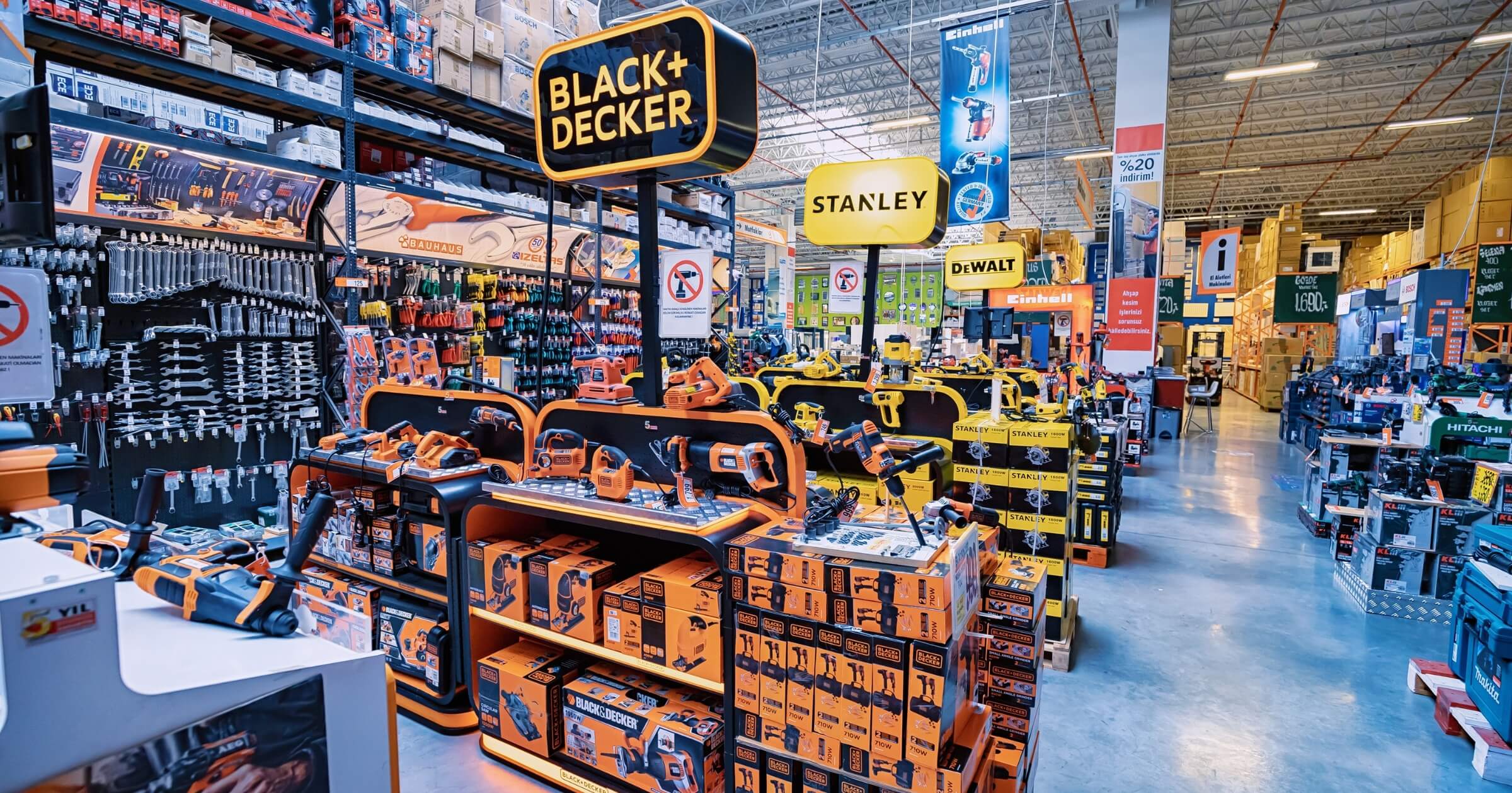 Professional Stanley Black and Decker tools and equipment for construction and renovation carpentry works for sale in Bauhaus store. Concept of hardware and workshop
