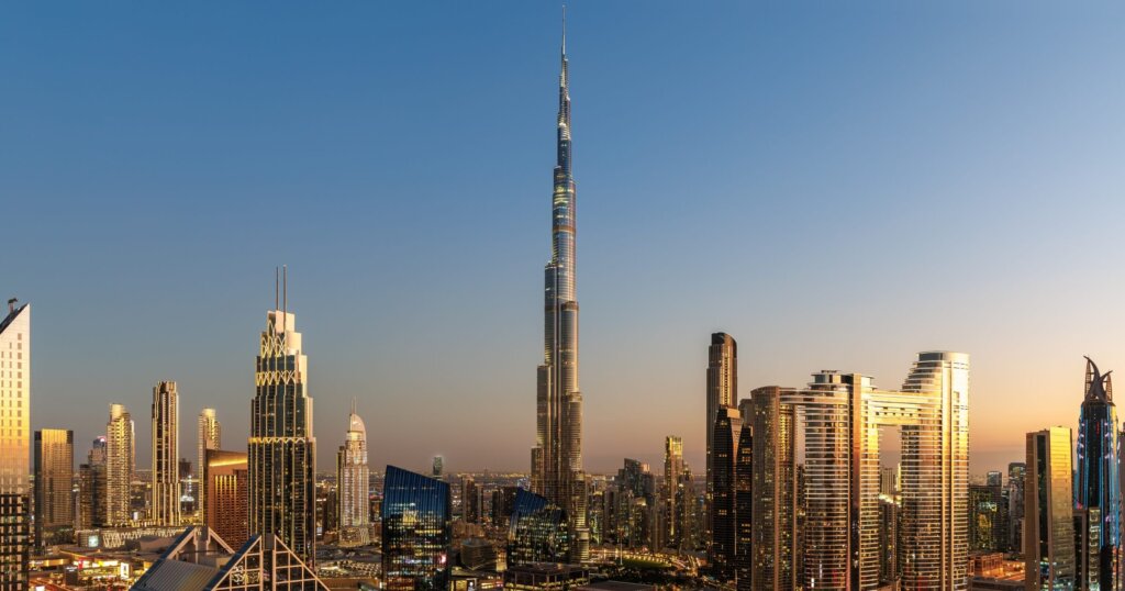 Dubai Burj Khalifa skyline tallest building in the world top view at twilight downtown skyscrapers
