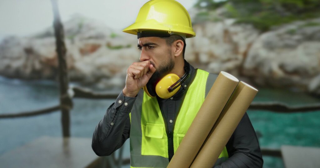 Young hispanic man wearing safety equipment appears to cough while holding blueprints at a seaside location.