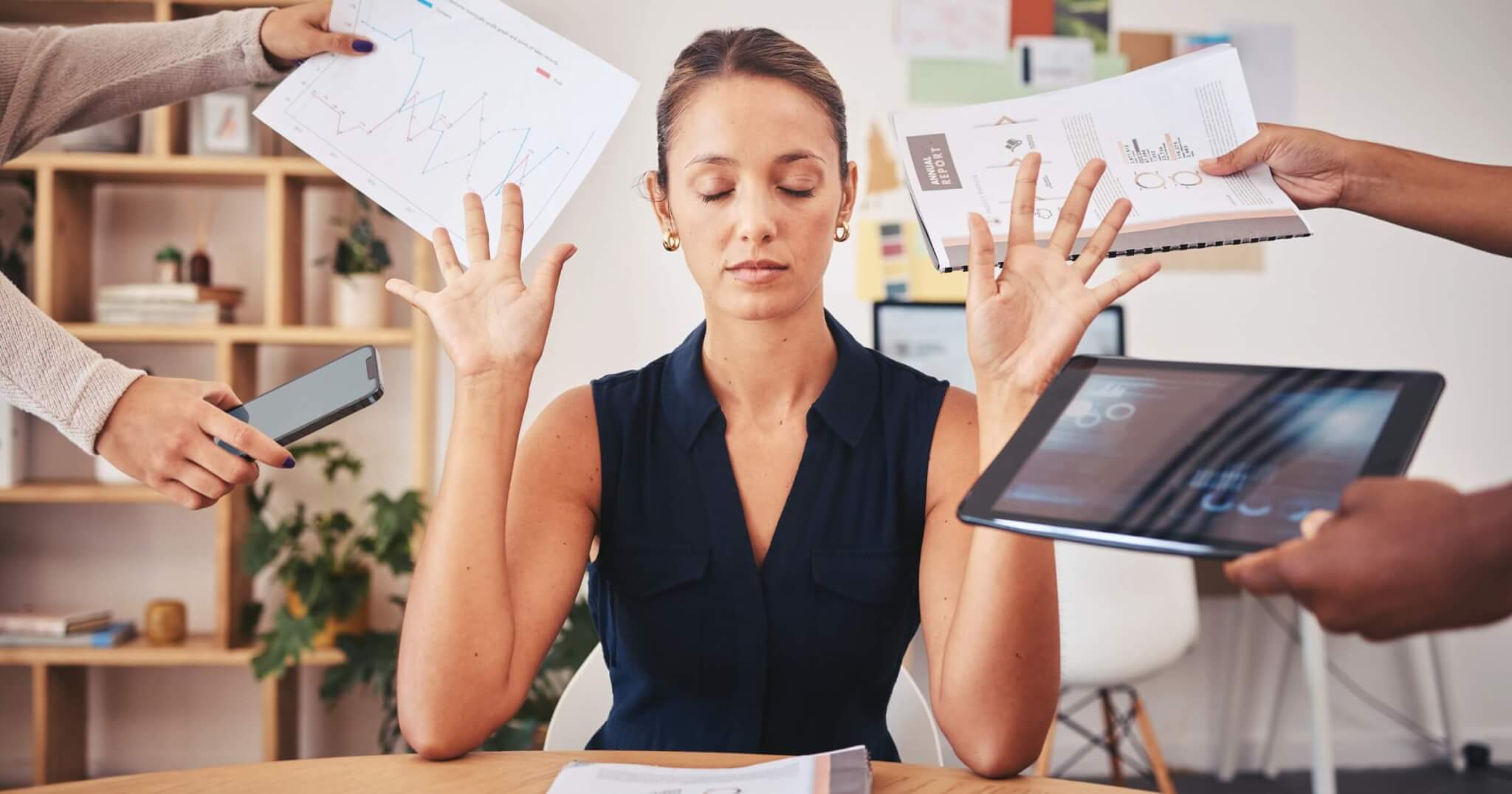 Burnout, digital stress and business woman overworked from too much, work overload and pressure marketing corporate company.