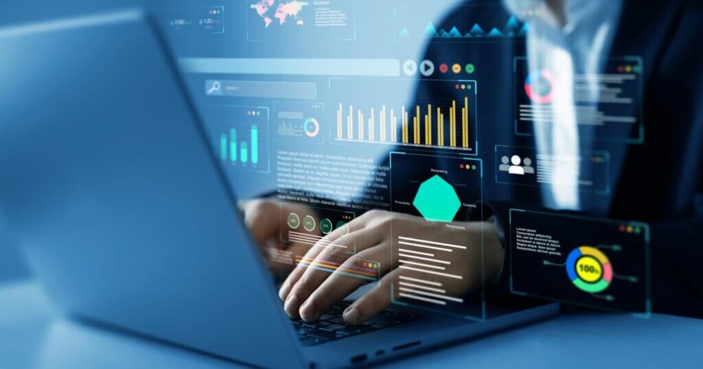 An analyst uses a computer and dashboard for data business analysis and Data Management System with KPI and metrics connected to the database for technology finance, operations, sales, marketing