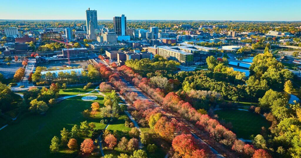 Aerial Autumn Urban Park and Cityscape, Fort Wayne.