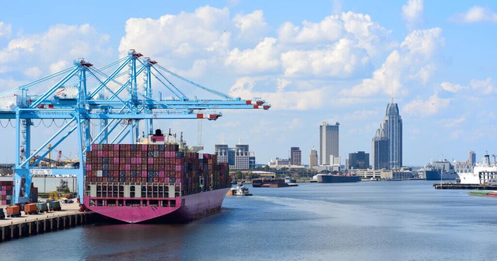 Downtown of Mobile, Alabama, USA and city docks as seeing from port harbour