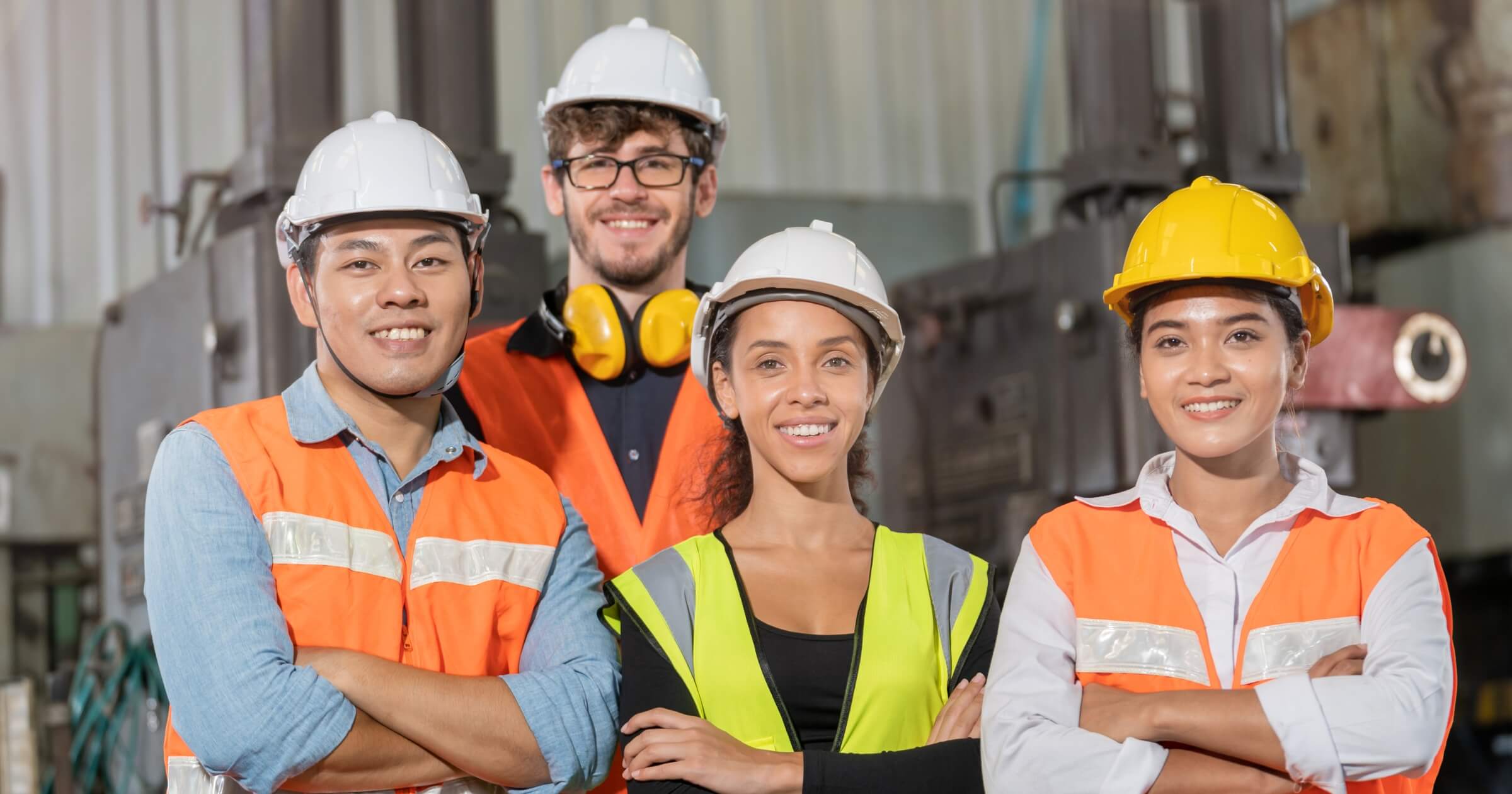 group worker factory men and women standing with confidence and success. people working in workplace of industrial heavy machine factory. young adult in career of industry of technology machinery.