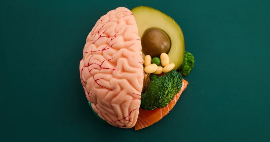 Brain with various food products. Healthy food