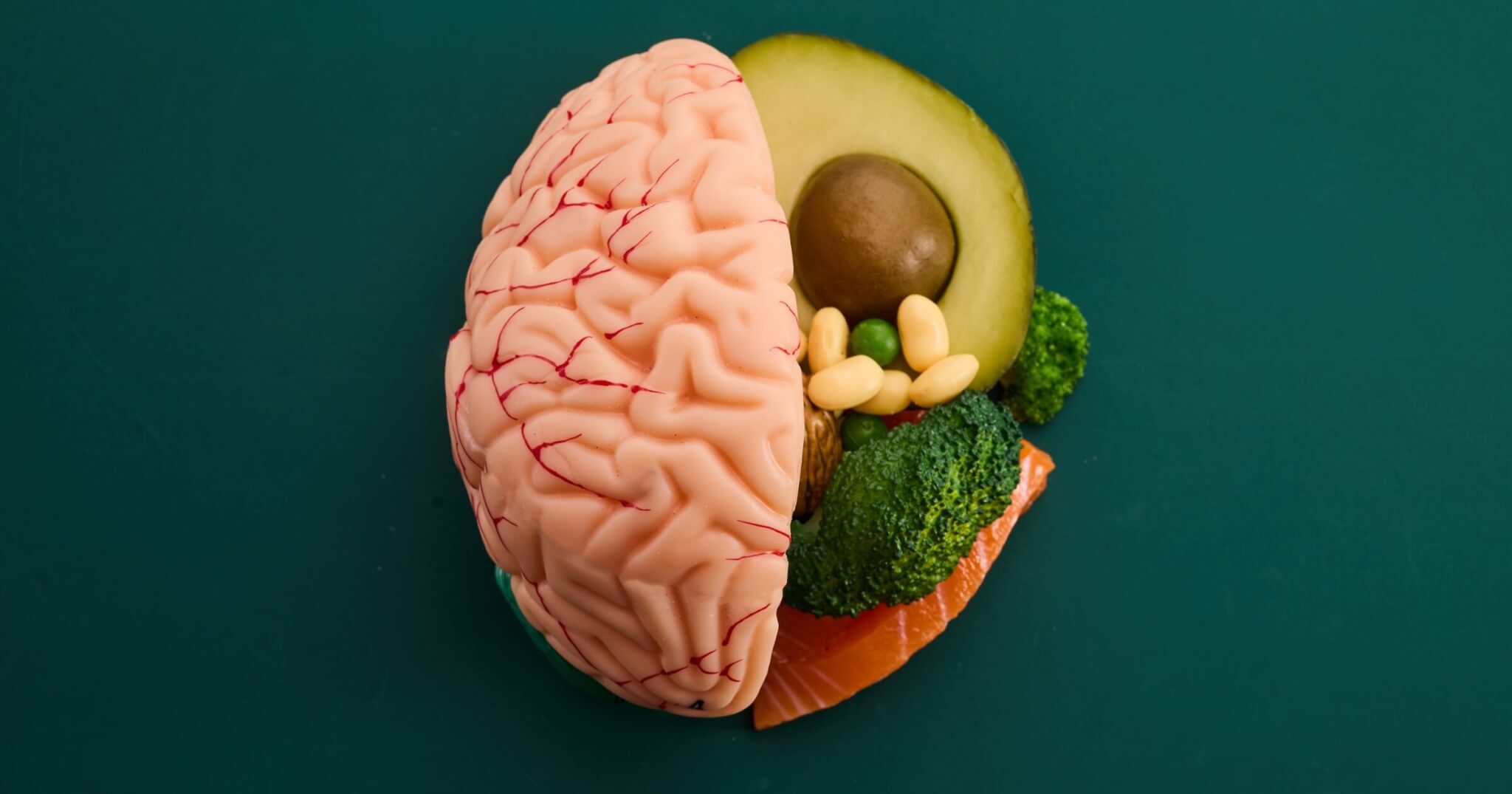 Brain with various food products. Healthy food