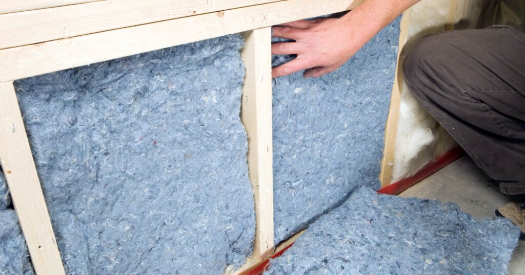 Installing Recycled Blue Jean Denim Insulation in Wall Frame
