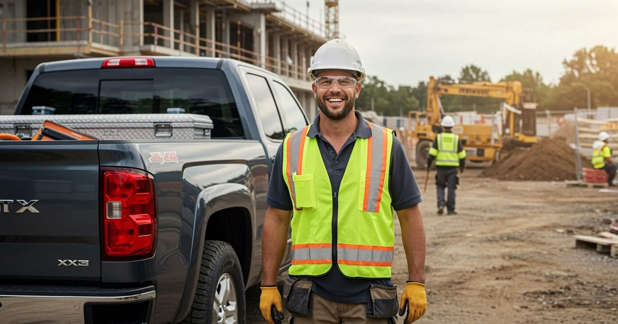 Realistic photo of a smiling construction worker next to a pickup truck in the foreground. he is looking at the camera. the truck bed has a toolbox and equipment. there is a construction site in the background.