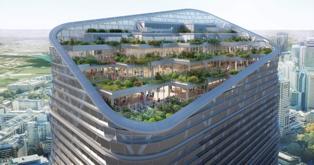 Atlassian Headquarters rendering of hybrid mass timber building.