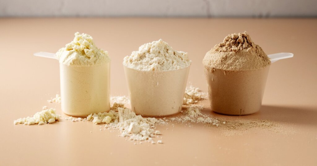 Healthy protein powder in scoops.