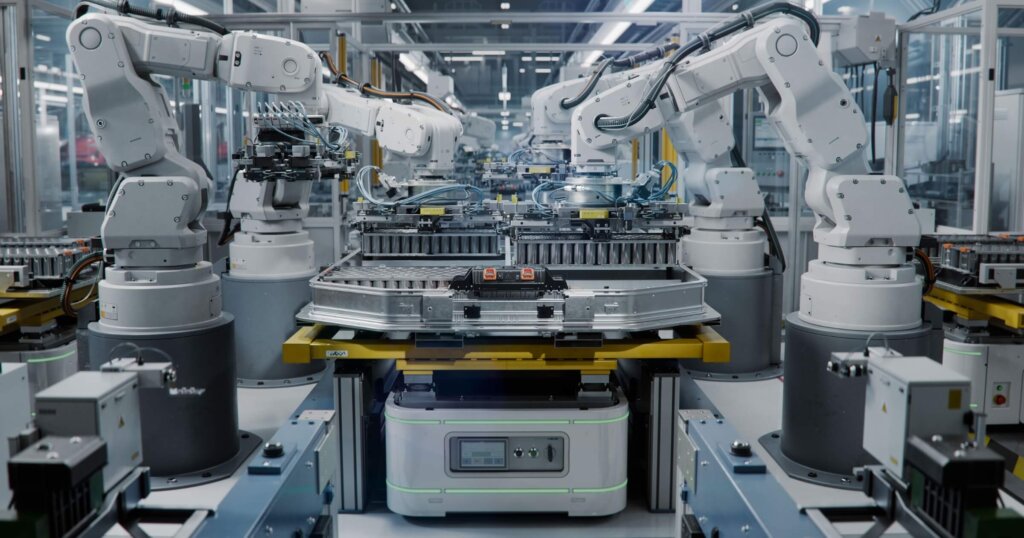 Electric Car Manufacturing Inside Automotive Smart Factory.