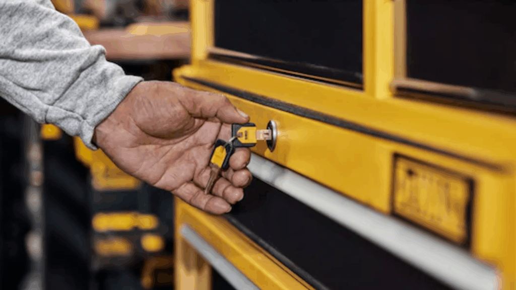 DeWalt storage cabinet system with person locking drawer