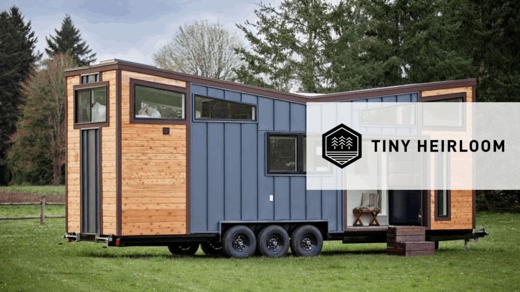 Tiny home builders Tiny Heirloom with blue and wood tiny home
