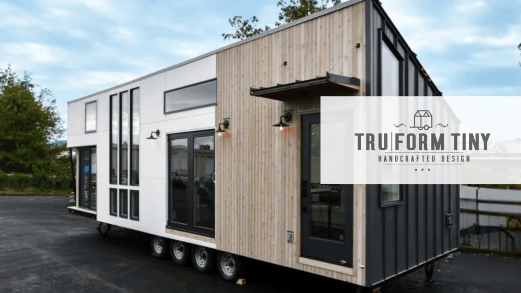 Tiny home builders Tru Form Tiny small wood and white model tiny home