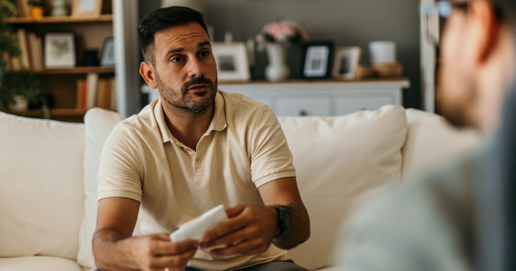 Man discussing personal challenges with a male psychologist during a therapy session.