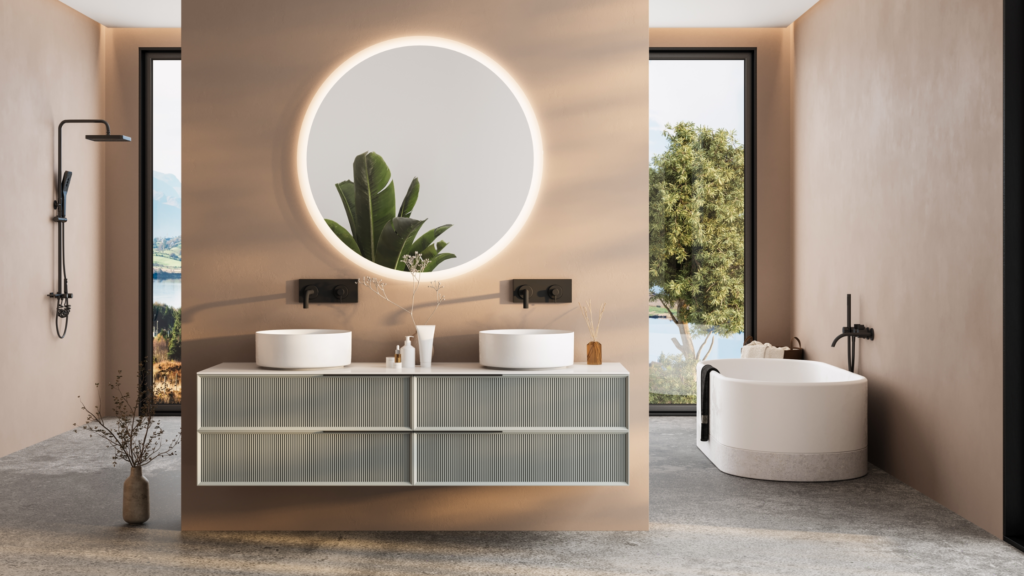 High-end remodel of bathroom with floating vanity and standalone tub