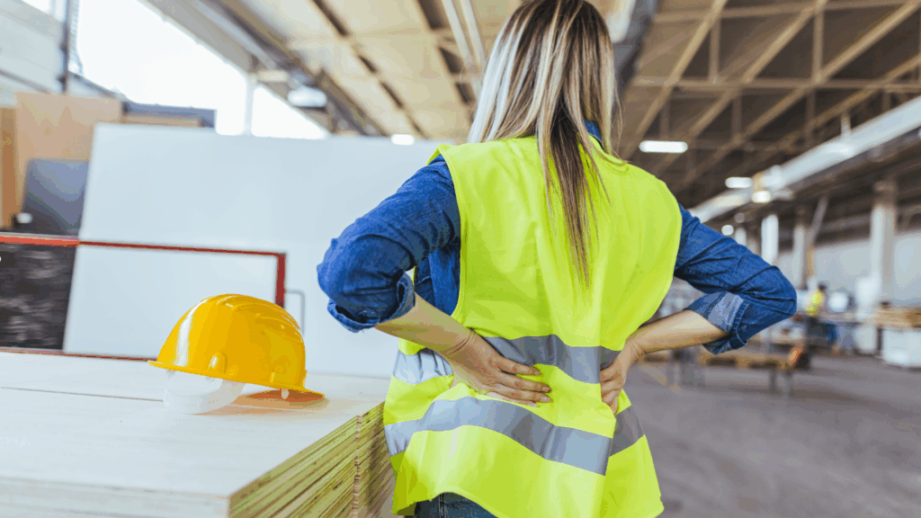 Woman on construction site holding lower back from strain