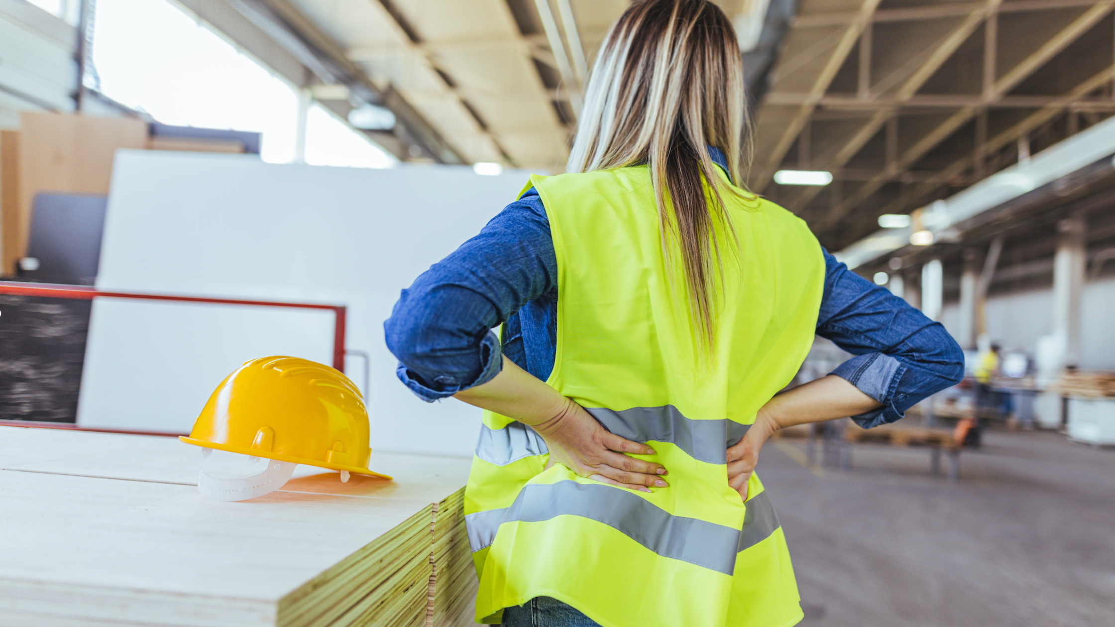 Woman on construction site holding lower back from strain